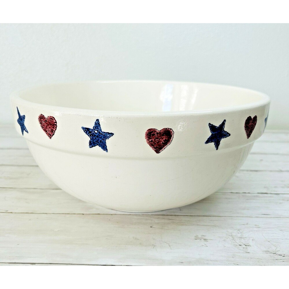 Crock Shop Santa Ana Vintage Popcorn Bowl USA Hearts Stars Patriotic America - Picture 2 of 3